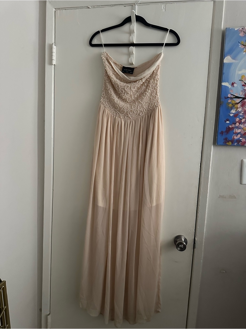 Dress Forum Strapless Nude-Beige Maxi Dress with Embroidered Bodice